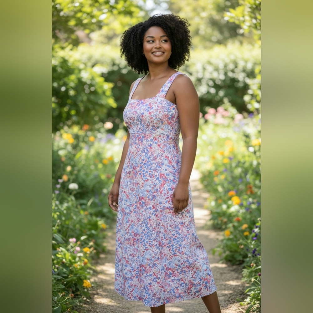 Jude Connally Watercolor Floral Midi Dress in Pink, Blue & Cream